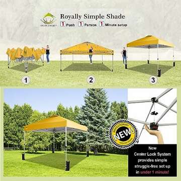 Crown Shades 10x10 Pop Up Canopy - Beach Tent with One Push Setup - Outdoor Sun Shade for Events, Parties, Camping - Gazebo with STO-N-Go Cover Bag, Silver Coated Top, 3 Height& 4 Sand Bags, Yellow