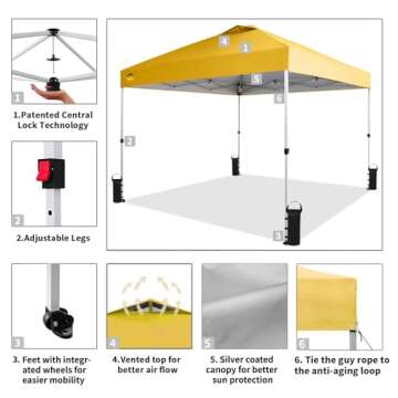 Crown Shades 10x10 Pop Up Canopy - Beach Tent with One Push Setup - Outdoor Sun Shade for Events, Parties, Camping - Gazebo with STO-N-Go Cover Bag, Silver Coated Top, 3 Height& 4 Sand Bags, Yellow