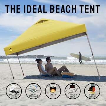 Crown Shades 10x10 Pop Up Canopy - Beach Tent with One Push Setup - Outdoor Sun Shade for Events, Parties, Camping - Gazebo with STO-N-Go Cover Bag, Silver Coated Top, 3 Height& 4 Sand Bags, Yellow