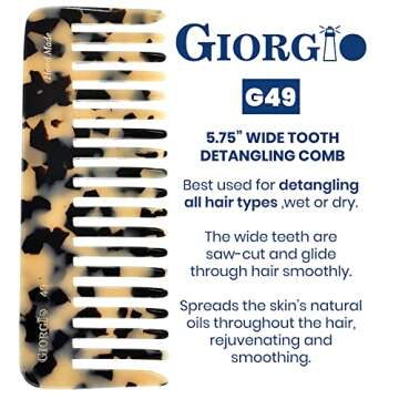 Giorgio G49 Large Hair Detangling Comb, Wide Teeth for Thick Curly Wavy Hair. Long Hair Detangler Comb For Wet and Dry. Handmade of Quality Cellulose, Saw-Cut, Hand Polished, White Tokyo (5.75")