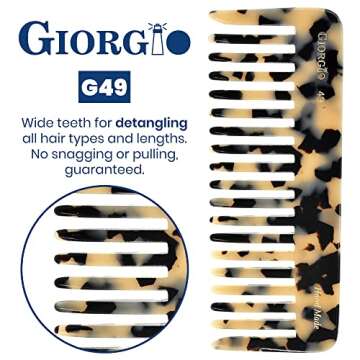 Giorgio G49 Large Hair Detangling Comb, Wide Teeth for Thick Curly Wavy Hair. Long Hair Detangler Comb For Wet and Dry. Handmade of Quality Cellulose, Saw-Cut, Hand Polished, White Tokyo (5.75")