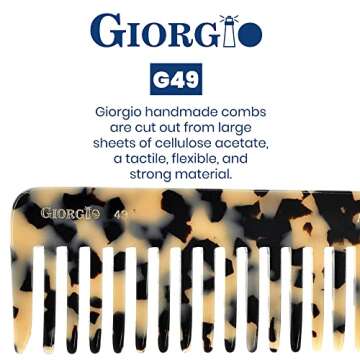 Giorgio G49 Large Hair Detangling Comb, Wide Teeth for Thick Curly Wavy Hair. Long Hair Detangler Comb For Wet and Dry. Handmade of Quality Cellulose, Saw-Cut, Hand Polished, White Tokyo (5.75")