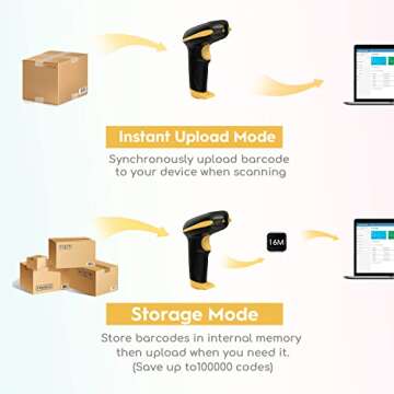 NADAMOO Wireless Barcode Scanner 328 Feet Transmission Distance USB Cordless 1D Laser Automatic Barcode Reader Handhold Bar Code Scanner with USB Receiver for Store, Supermarket, Warehouse - Yellow