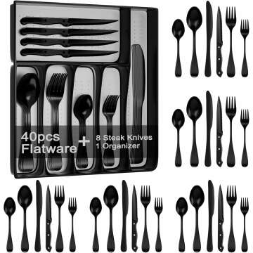 49-Piece Black Silverware Set with Drawer Organizer, Stainless Steel Cutlery for 8 with Matte Steak Knives, Forks, Spoons - Dishwasher Safe