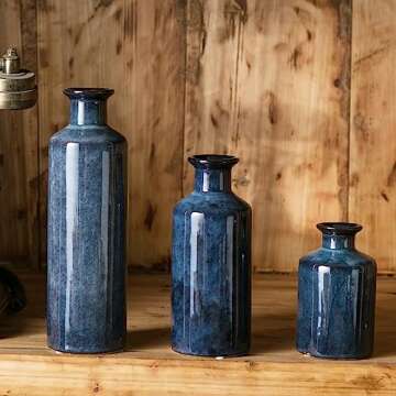 Mowtanco Modern Blue Ceramic Vase Set of 3 - Rustic Decor