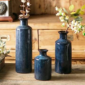 Blue Ceramic Vase Set 3 for Home Decor