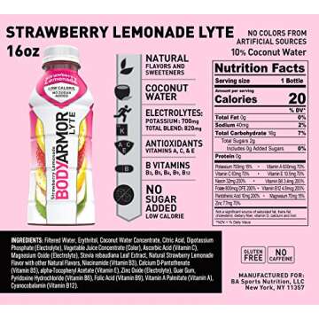 BODYARMOR LYTE Sports Drink Low-Calorie Sports Beverage, Strawberry Lemonade, Natural Flavors With Vitamins, Potassium-Packed Electrolytes, Perfect For Athletes 16 Fl Oz (Pack of 12)