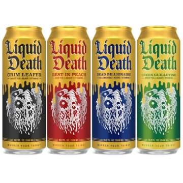 Liquid Death, Iced Tea Variety Pack (Grim Leafer, Rest in Peach, Dead Billionaire, and Green Guillotine), 12-Pack (King Size 19.2oz Cans), Tea Sweetened With Real Agave, B12 & B6 Vitamins, Low Calorie & Low Sugar