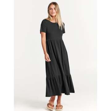 ANRABESS Women Summer Casual Short Sleeve Crewneck Aline Swing Flowy Tiered Shirt Maxi Beach Long Dress 2024 Trendy Outfits Black Large