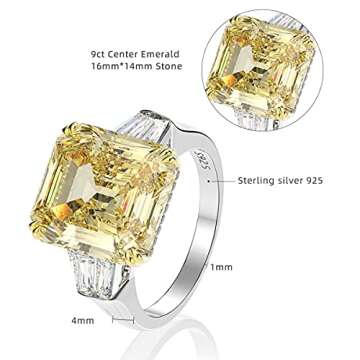 AINUOSHI Engagement Rings for Women Emerald Cut Solitaire 3 Stones 9 Carat Cubic Zirconia CZ Sterling Silver Wedding Band Anniversary Birthday Gift