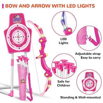 GMAOPHY Bow and Arrow Toys with LED Flash Lights, Birthday Gift for Girls 4 5 6 7 8 9 10 Year Old, Archery Set Indoor Outdoor Activity with 20 Suction Cup Arrows, 2 Targets & Quiver, Kids Sport Toys