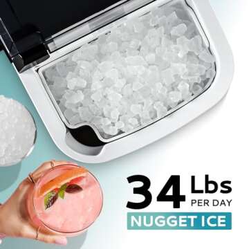 EUHOMY Nugget Ice Maker Countertop with Handle, Ready in 6 Mins, 34lbs Per Day, Removable Top Cover, Auto-Cleaning, Portable Sonic Ice Maker with Basket and Scoop, for Home/Party/RV/Camping (Silver)