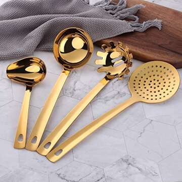 QIBOORUN Stainless Steel Kitchen Utensil Set -8 Cooking Utensils, Colorful Titanium Plated Set Kitchen Tools Gadgets Cake Shovels/Plain Spatula, Potato Masher, Spoon, Slotted Spoon-Gold