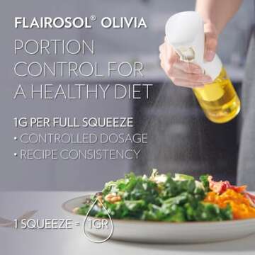 FLAIROSOL OLIVIA. The Original Advanced Oil Sprayer for Cooking, Kitchen, Salads, BBQs, Continuous Spray with Portion Control, 130ml Glass Olive Oil Sprayer(Gold Print)