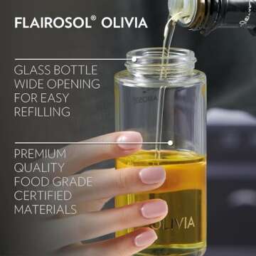 FLAIROSOL OLIVIA. The Original Advanced Oil Sprayer for Cooking, Kitchen, Salads, BBQs, Continuous Spray with Portion Control, 130ml Glass Olive Oil Sprayer(Gold Print)