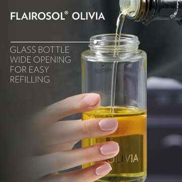 FLAIROSOL OLIVIA. The Original Advanced Oil Sprayer for Cooking, Kitchen, Salads, BBQs, Continuous Spray with Portion Control, 130ml Glass Olive Oil Sprayer(Gold Print)