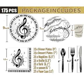 175Pcs Music Party Supplies Musical Notes Party Tableware Set 9"& 7"Musical Notes Paper Plates Napkins Cups Knives Forks Spoons for Music Notes Theme Music Birthday Party Decor |Serve25 (Music)