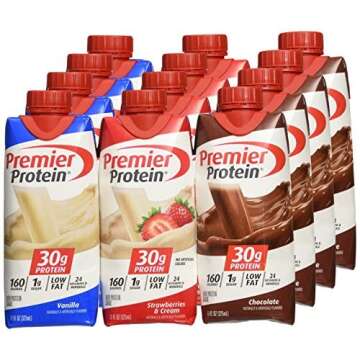 Premier Protien High Protein Shake, Chocolate, Vanilla and Strawberry Cream Variety pack, 11 Fl oz. 4 of each flavor (12 Pack) in The Award Box