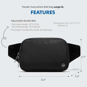 Pander Belt Bag Large 2L, Waterproof Everywhere Fanny Pack Purse for Women and Men with Adjustable Strap (Black Onyx).