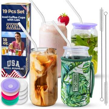 Scoozee Glass Cups with Acrylic Lids & Glass Straws [ 19 Pcs - 18 Oz], Beer Glasses, White Elephant Gifts, Iced Coffee Cups with Lids, Coffee Glass Tumblers, Housewarming Gifts New Home