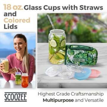 Scoozee Glass Cups with Acrylic Lids & Glass Straws [ 19 Pcs - 18 Oz], Beer Glasses, White Elephant Gifts, Iced Coffee Cups with Lids, Coffee Glass Tumblers, Housewarming Gifts New Home