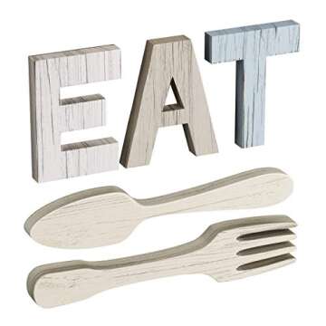 Heather & Willow EAT Sign + Fork and Spoon Wall Decor for Kitchen | Rustic Farmhouse Decoration | Large Wooden Letters for Family, Home & Dining Room