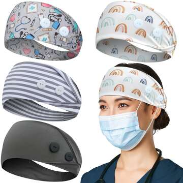 ABAMERICA Headbands with Button for Mask, Wide Nurses Headbands Non Slip Elastic Ear Protection for Women Men Doctors Sweatband Headband