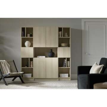 South Shore Furniture Liora 4-Door Bookcase with Open Storage, Wide, Bleached Oak