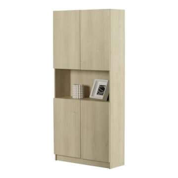 South Shore Furniture Liora 4-Door Bookcase with Open Storage, Wide, Bleached Oak