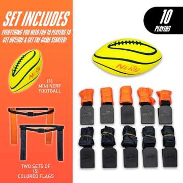 Nerf 10 Player Flag Football Belts + Football Set - Youth Flag Football Belts + Junior Foam Football for Kids - Full Flag Football Kit for 5 v 5 Games - Includes (10) Flag Sets + 1 Foam Football