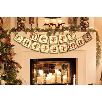 Christmas Decorations - Vintage Merry Christmas Banner - Retro Nostalgic Traditional Old Fashioned Victorian Xmas Holiday Decor for Indoor Home Office Fireplace Mantle Farmhouse