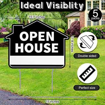 Queekay 5 Pack Open House Yard Signs with Metal Stakes for Real Estate 16" x 12" Large Double Sided Weather Proof Open House Signs with Directional Arrows Real Estate Agent Supplies(Black)