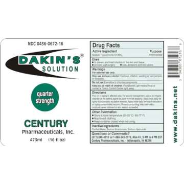 Century Pharmaceuticals 0436-0672-16 Dakin's Solution-Quarter Strength Sodium Hypochlorite 0.125% Wound Therapy for Acute and Chronic Wounds