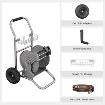 Giraffe Tools Garden Hose Reel Cart with Wheels, Heavy Duty Metal Water Hose Reel Cart, 200 ft of 1/2 Capacity, Mobile Hose Reel Cart for Outside