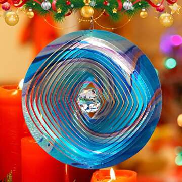 FONMY Mandala Wind Spinner w/Crystal Ball 3D Stainless Steel Hanging Wind Spinner Worth Gift Christmas Decoration Indoor/Outdoor Garden Décor Kinetic Yard Art 12 Inches Multi Blue Wind Sculpture