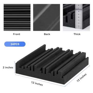 24Pack Sound Proof Foam Panels For Walls Self-Adhesive,12"X12"X2" Acoustic Panels Installs Easily,Fast Expand Soundproof Wall Panels Fireproof,Sound Proofing For Music Recording Studio Bedroom (black)