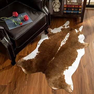 AROGAN Premium Faux Cowhide Rug 4.6 x 5.2 Feet, Sturdy and Large Size Cow Print Rugs, Suitable for Bedroom Living Room Western Decor, Faux Fur Animal Cow Hide Carpet, Brown