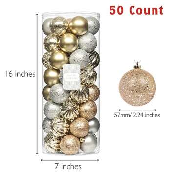 Every Day is Christmas Ornaments, Shatterproof Christmas Tree Ornament Set, Christmas Balls Decoration 50 Count (2.24"/57mm, Gold Silver)