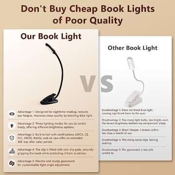 Rechargeable Book Light for Reading in Bed, LED Reading Lights for Books in Bed, Eye Care Reading Light with 3 Color, Book Reading Light Clip on, up to 60 Hours Lighting Lightweight Booklight 1-Black