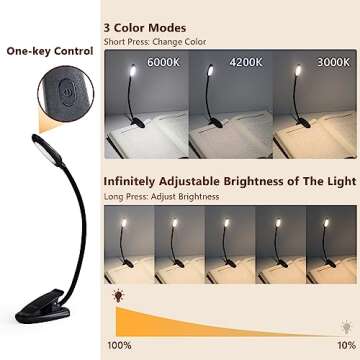 Rechargeable Book Light for Reading in Bed, LED Reading Lights for Books in Bed, Eye Care Reading Light with 3 Color, Book Reading Light Clip on, up to 60 Hours Lighting Lightweight Booklight 1-Black