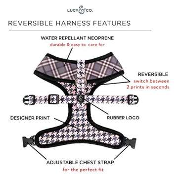 Cute Reversible Dog Harness - Best Designer Pet Harnesses for Extra Small Medium Large XL Dogs Plus Pug Breeds - Padded Adjustable Puppy Vest for Easy Walking (Medium, Blushing Plaid)