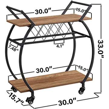 LVB Bar Cart with Wine Rack, 2 Tier Kitchen Cart on Wheels, Modern Wood and Metal Portable Coffee Cart Table for Home, Utility Industrial Mobile Serving Cart with Storage Shelf, Rustic Oak