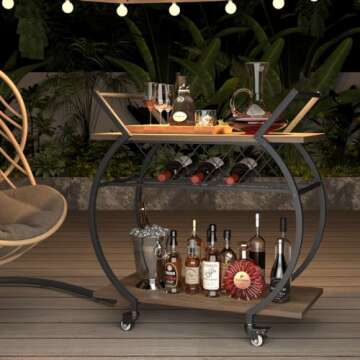 LVB Bar Cart with Wine Rack, 2 Tier Kitchen Cart on Wheels, Modern Wood and Metal Portable Coffee Cart Table for Home, Utility Industrial Mobile Serving Cart with Storage Shelf, Rustic Oak