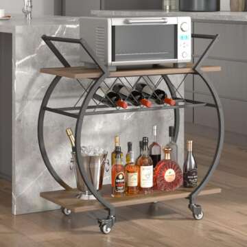 LVB Bar Cart with Wine Rack, 2 Tier Kitchen Cart on Wheels, Modern Wood and Metal Portable Coffee Cart Table for Home, Utility Industrial Mobile Serving Cart with Storage Shelf, Rustic Oak