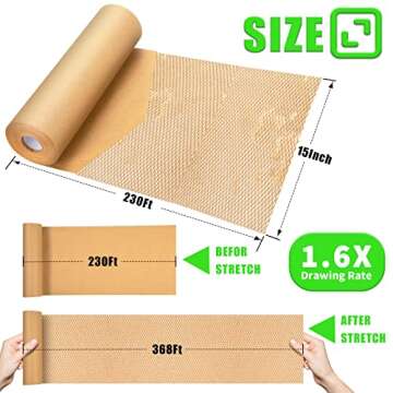 Honeycomb Packing Paper, MINHAO 15"x230' Eco Friendly Packing Paper for Moving Recyclable Honeycomb Paper Moving Supplies Bubble Paper Wrapping Protective Roll, With 36 Fragile Sticker Labels