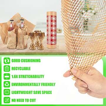 Honeycomb Packing Paper, MINHAO 15"x230' Eco Friendly Packing Paper for Moving Recyclable Honeycomb Paper Moving Supplies Bubble Paper Wrapping Protective Roll, With 36 Fragile Sticker Labels