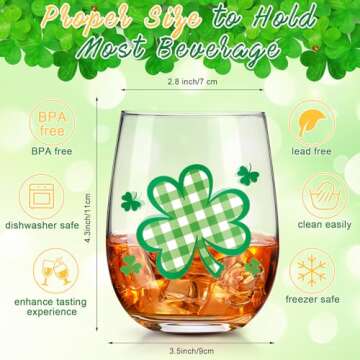 Umigy 8 Pcs St Patrick's Day Wine Glasses Irish Wine Glasses Bulk 15 oz Shamrock Wine Glasses Green Stemless St Patrick's Day Wine Glasses for Women Friends Party Gifts Family