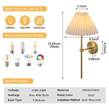 KELUOLY Wall Sconces Sets of 2 White Fabric lampshade Gold Wall Lamp Column Bracket Wall Lighting Bathroom Dresser Hardwired lamp Applicable to Living Room Bedroom Dining Room