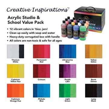 Creative Inspirations Artist Acrylic Paint Set for Canvas - 12 Mixed Vivid Colors, Rich Satin Finish for Painting, Arts and Crafts - 16 Ounce Bottles