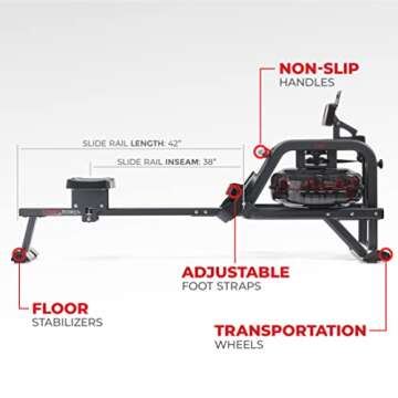 Sunny Health & Fitness Obsidian Surge Smart Water Rowing Machine with Dynamic Real-Time Resistance, Foldable 300 LB Capacity Rower with Free SunnyFit App and Extra Long Rail - SF-RW5713SMART